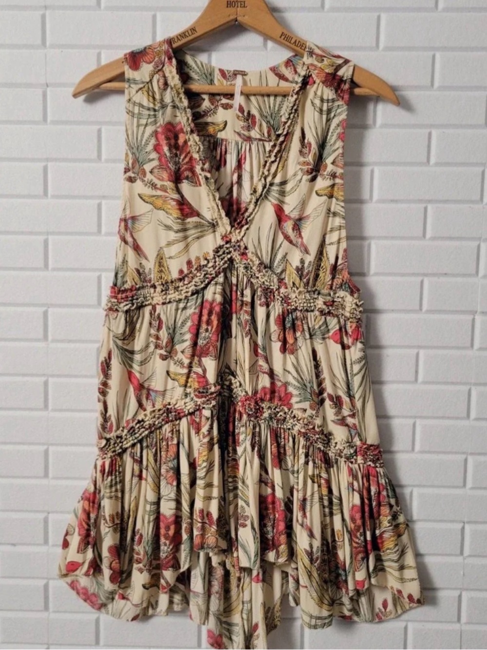 Free People Haze Hummingbird Floral Tiered Tunic Top Boho